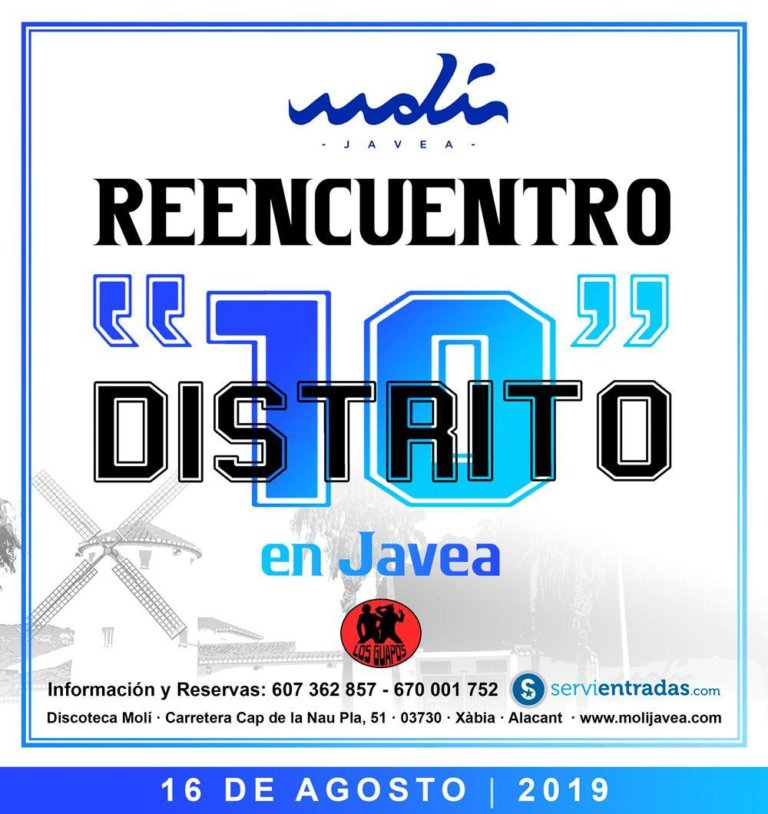 La discoteca El Molí de Jávea ha anunciado las últimas entradas a 25€ para la fiesta remember de Distrito 10 que tendrá lugar el 16 de agosto. 